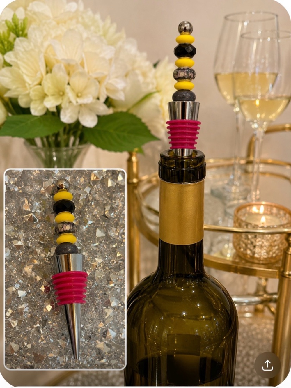 Beaded Wine Bottle Stopper Pink Yellow Black Glam Barware Gift